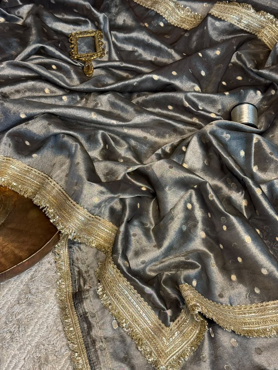 Beige Brown Tissue Silk Zari Buti Gota Lace Work Banarasi Saree