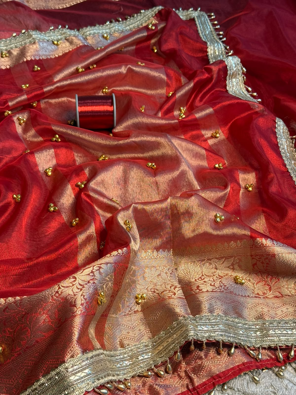 Carmine Red Tissue Silk Ghungroo Work Saree