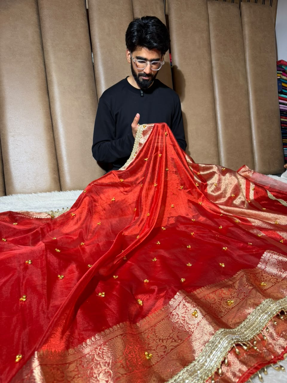 Carmine Red Tissue Silk Ghungroo Work Saree