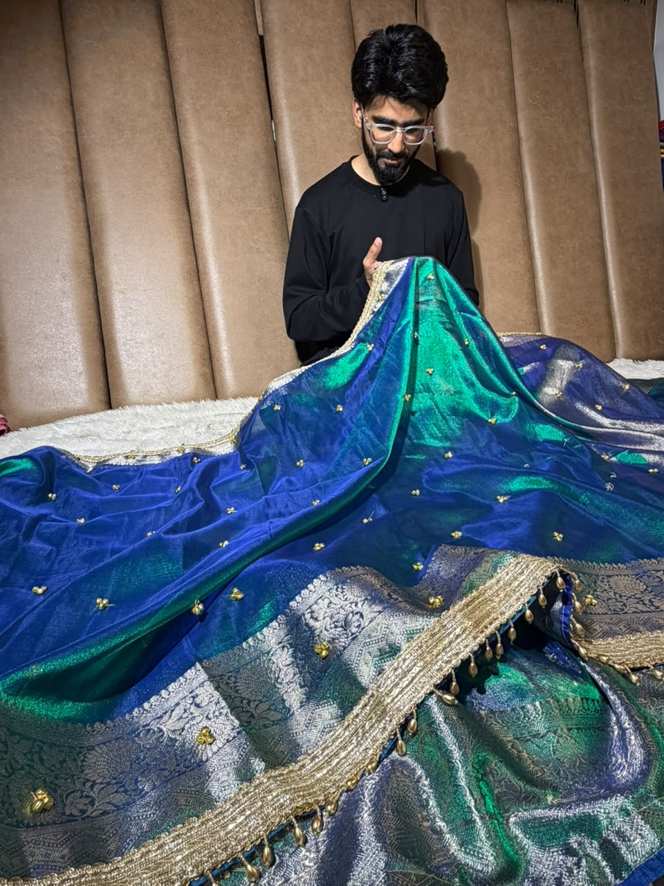 Rare Peacock Kora Tissue Hand Ghungroo Work Saree