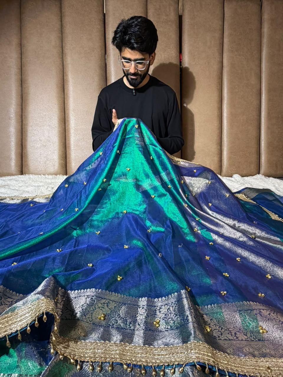 Rare Peacock Kora Tissue Hand Ghungroo Work Saree