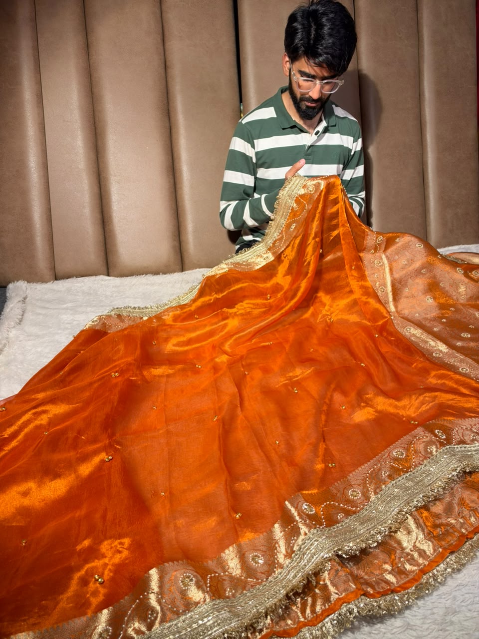 Metallic Orange Pure Tissue Silk Ghungroo Handwork Saree