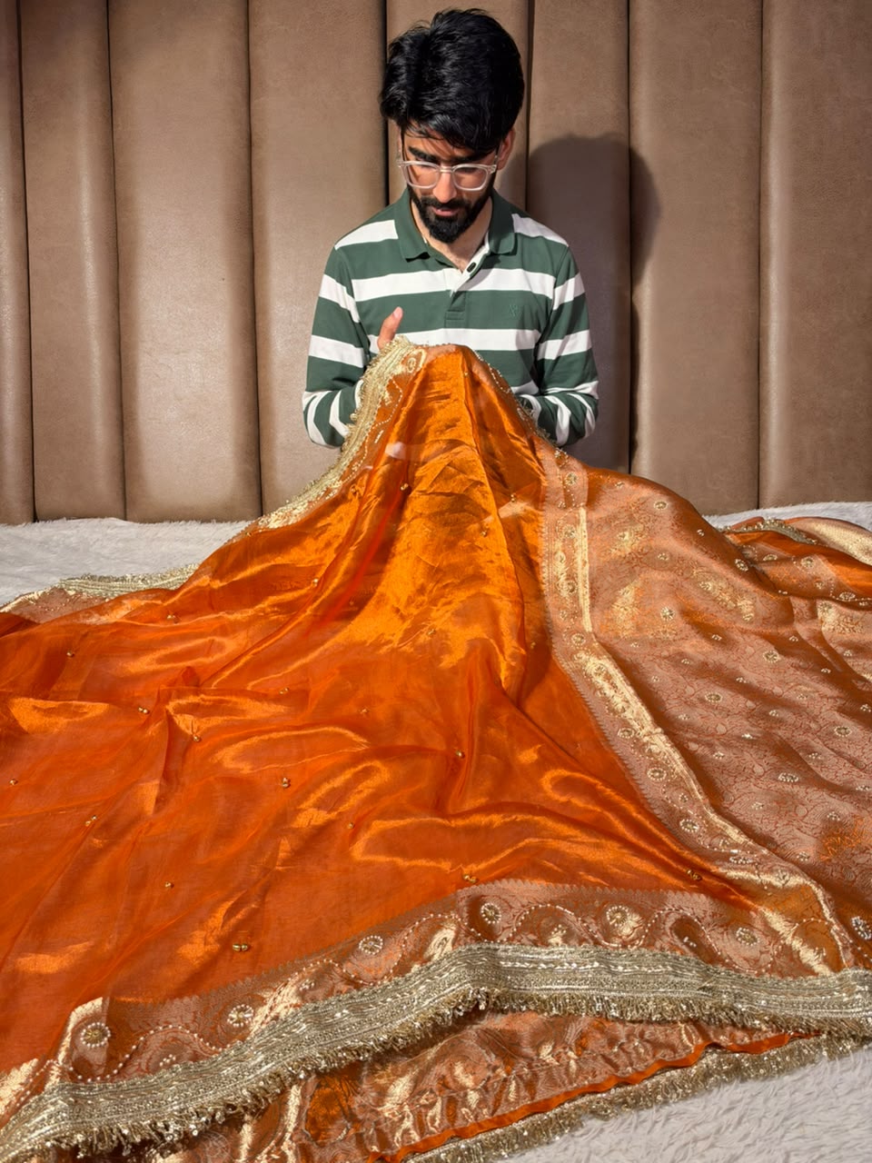 Metallic Orange Pure Tissue Silk Ghungroo Handwork Saree