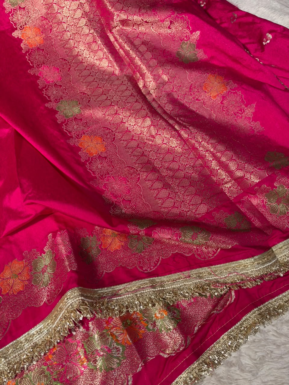 Rani Pink Warm Silk Contemporary Lace Work Saree