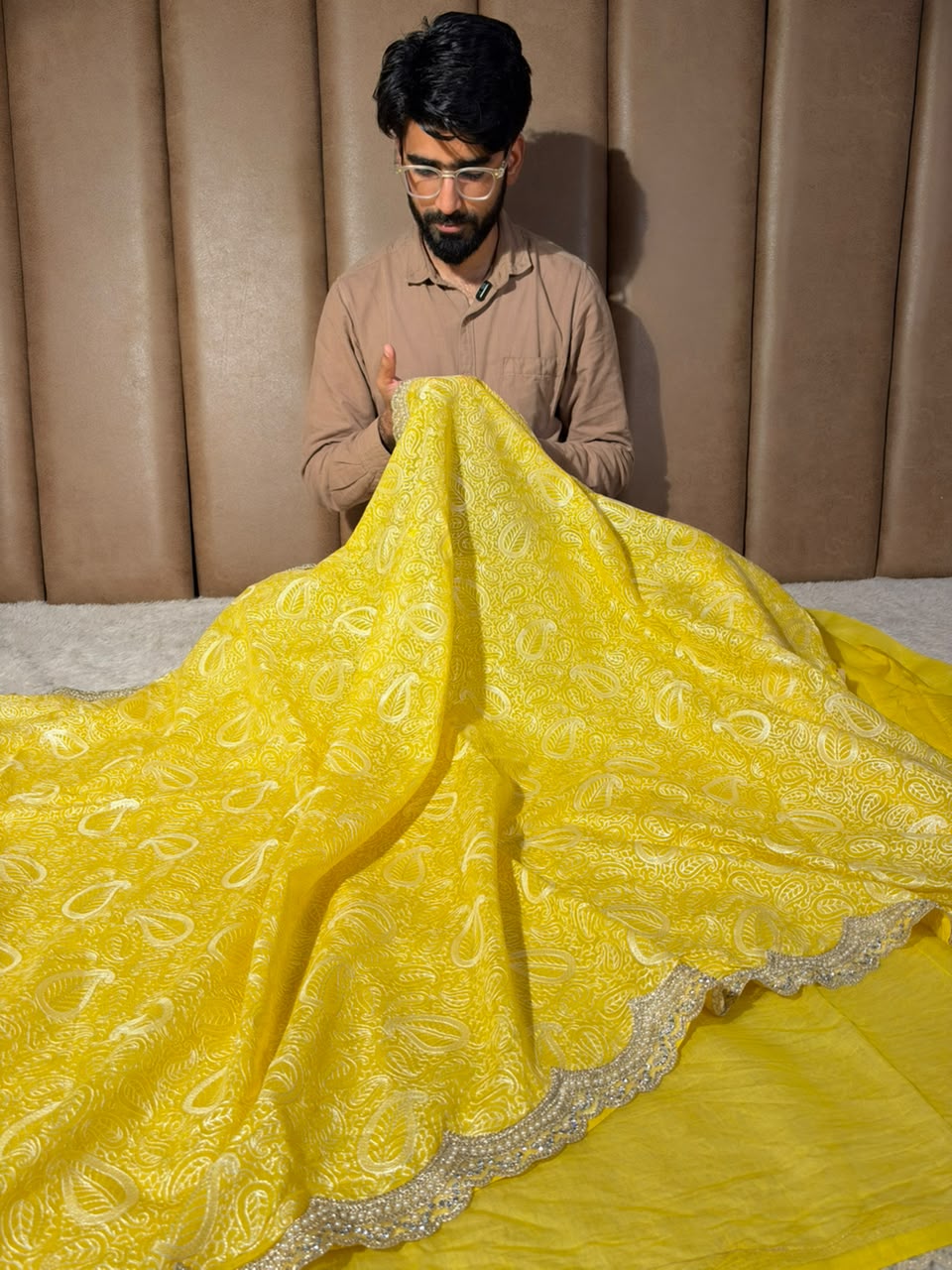Yellow Pure Mul Chanderi Designer Chikankari Embroidery Banarasi Saree