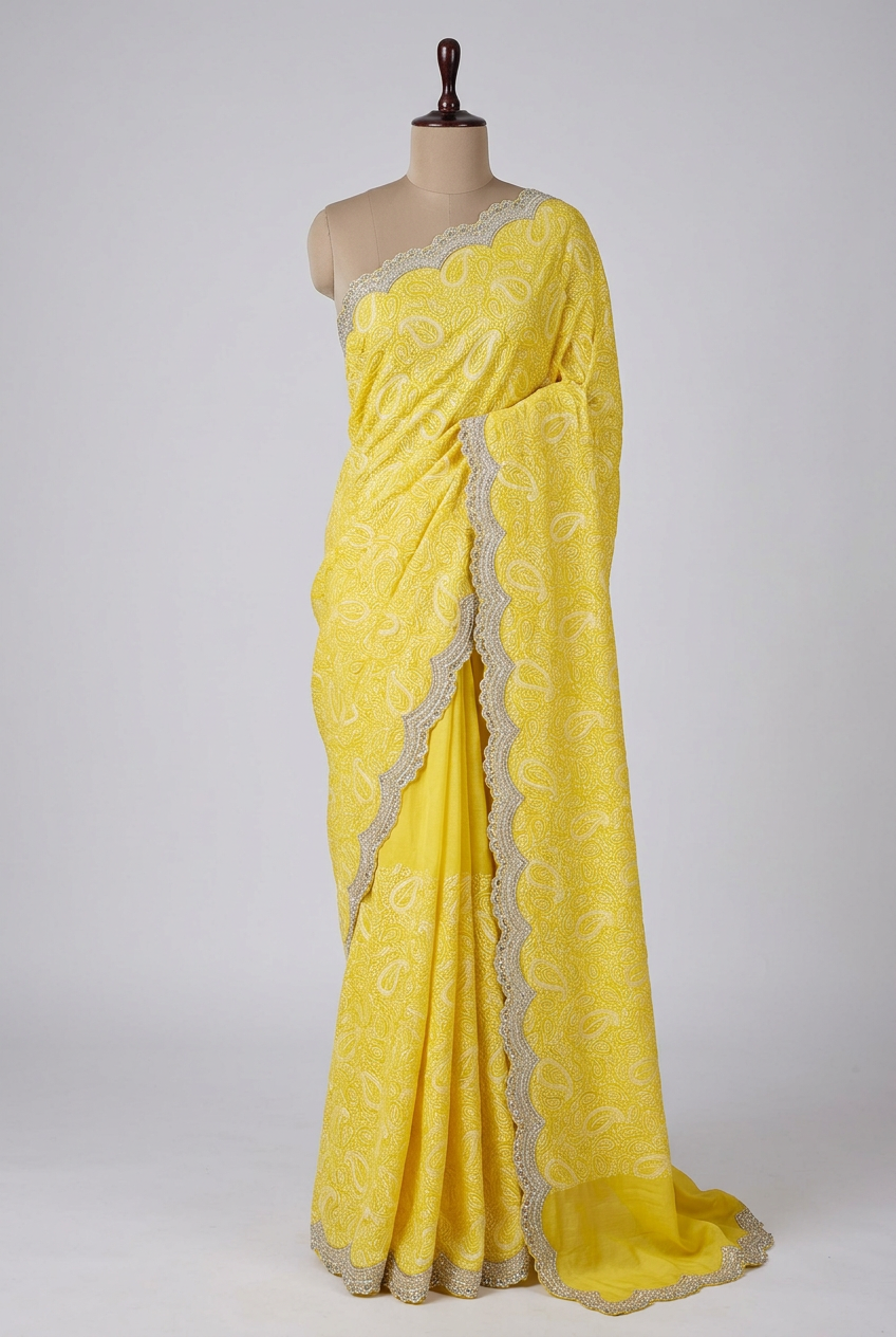 Yellow Pure Mul Chanderi Designer Chikankari Embroidery Banarasi Saree