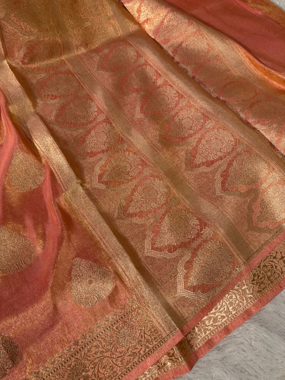 Mauve Peach Breathable katan Tissue Banarasi Saree