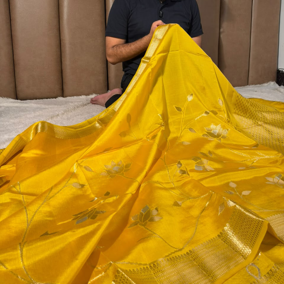 Bright Yellow Pure Mango Silk Floral Banarasi Saree