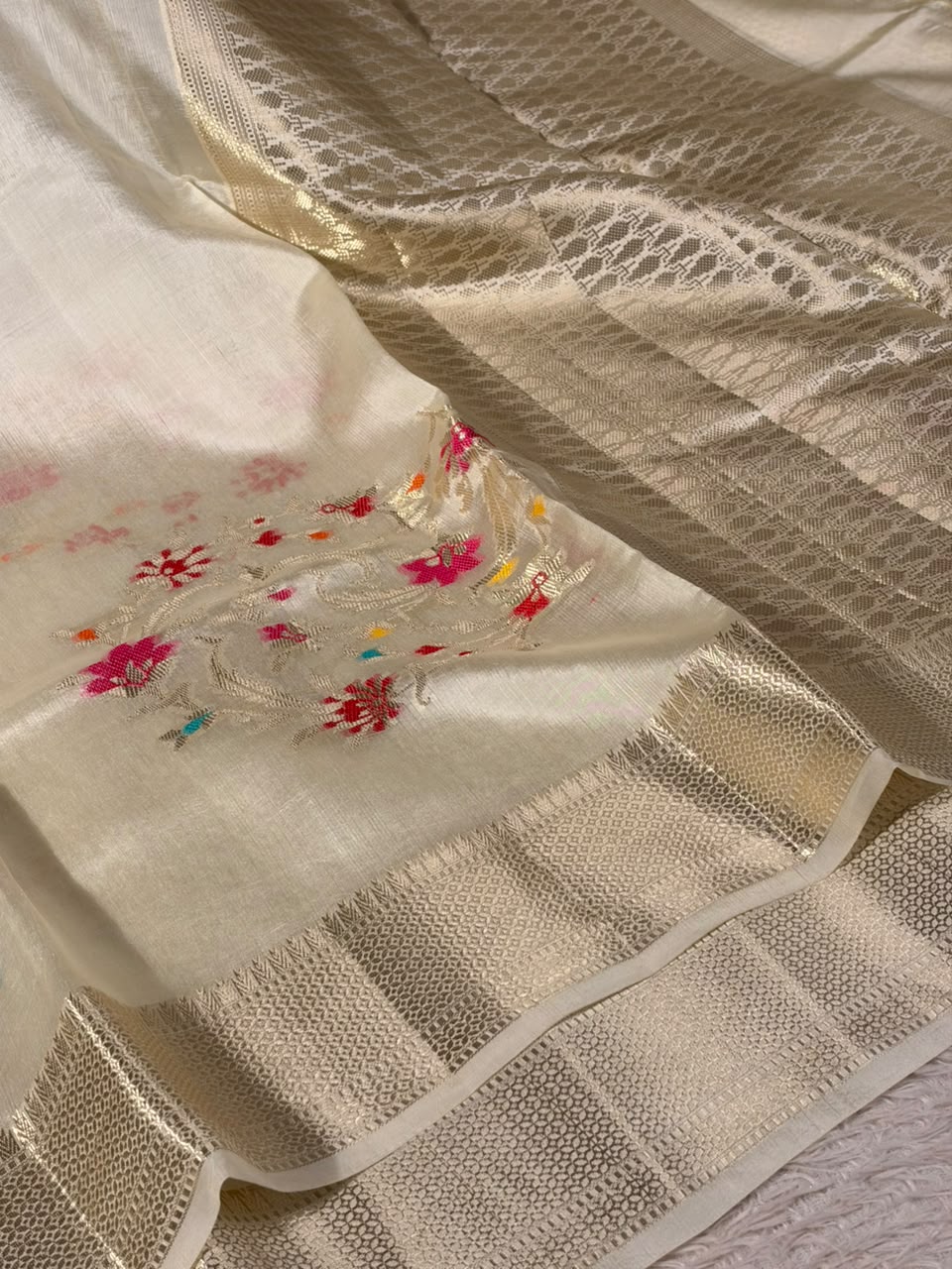 Off White Pure Mango Silk Grand Jaal Weave Saree