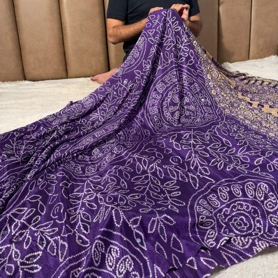 Purple Gaji Silk Bandhani Print And Mirror Saree