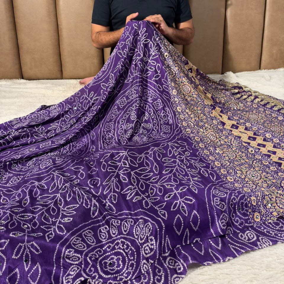 Purple Gaji Silk Bandhani Print And Mirror Saree