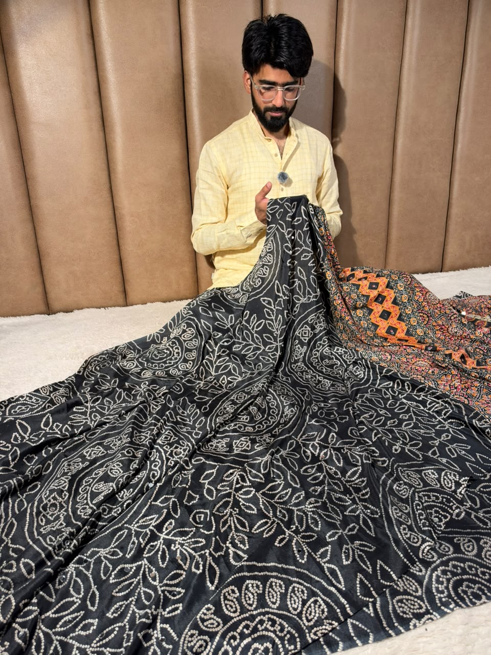 Jet Black Gaji Silk Bandhani Print And Mirror Saree