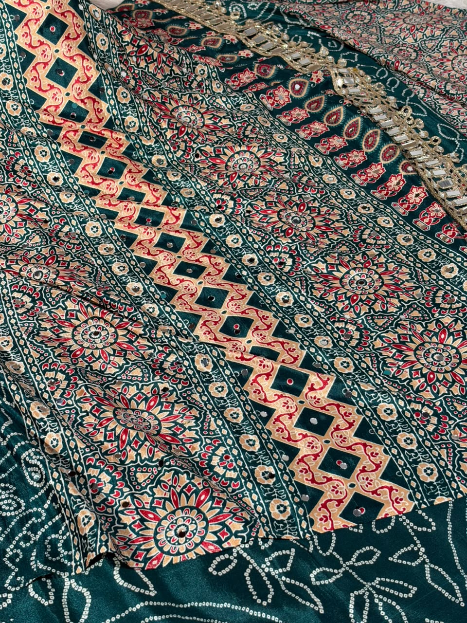 Green Gaji Silk Bandhani Print And Mirror Saree