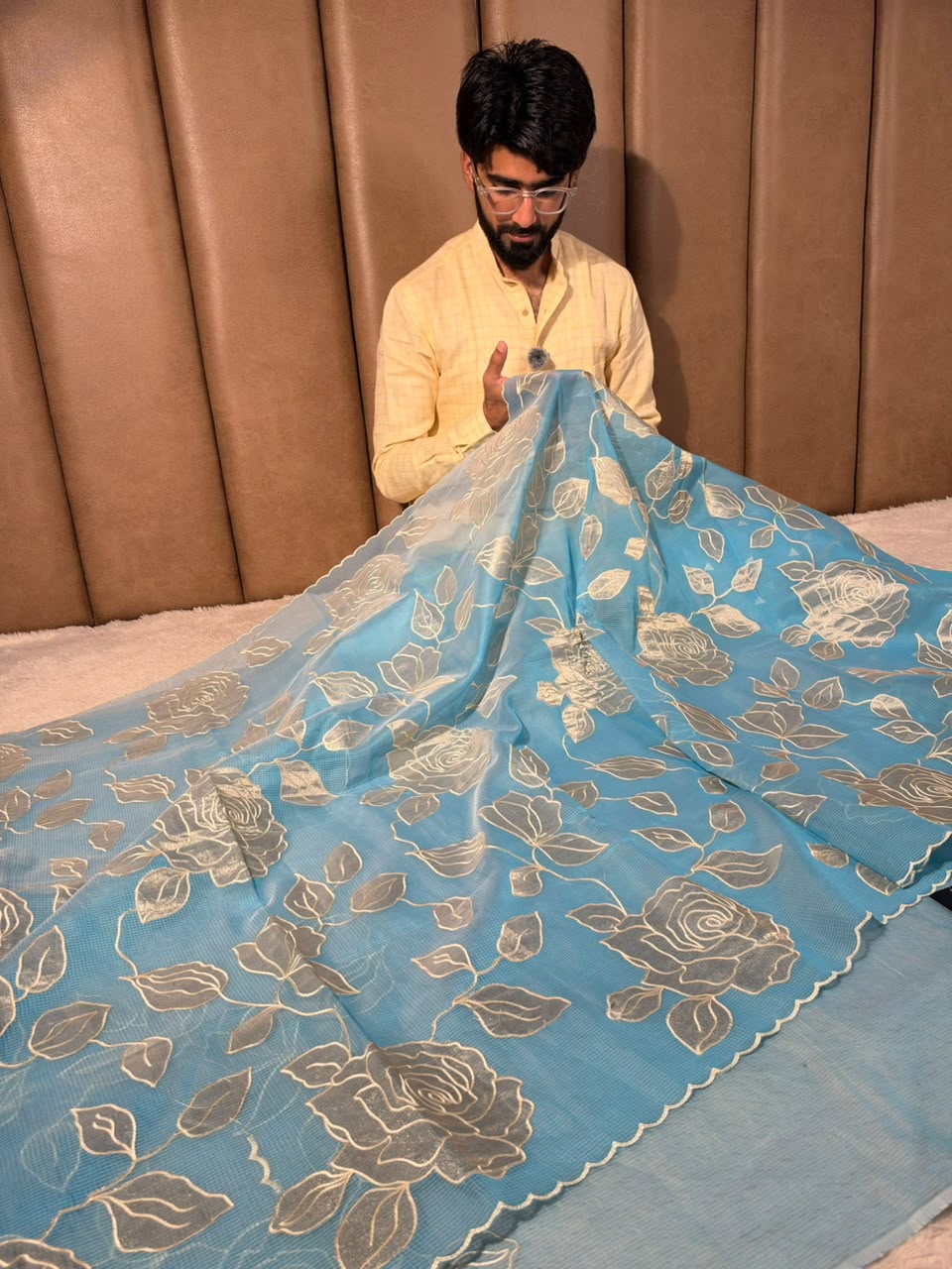 Firozi Blue Kota Weave Appliqué Work Banarasi Saree