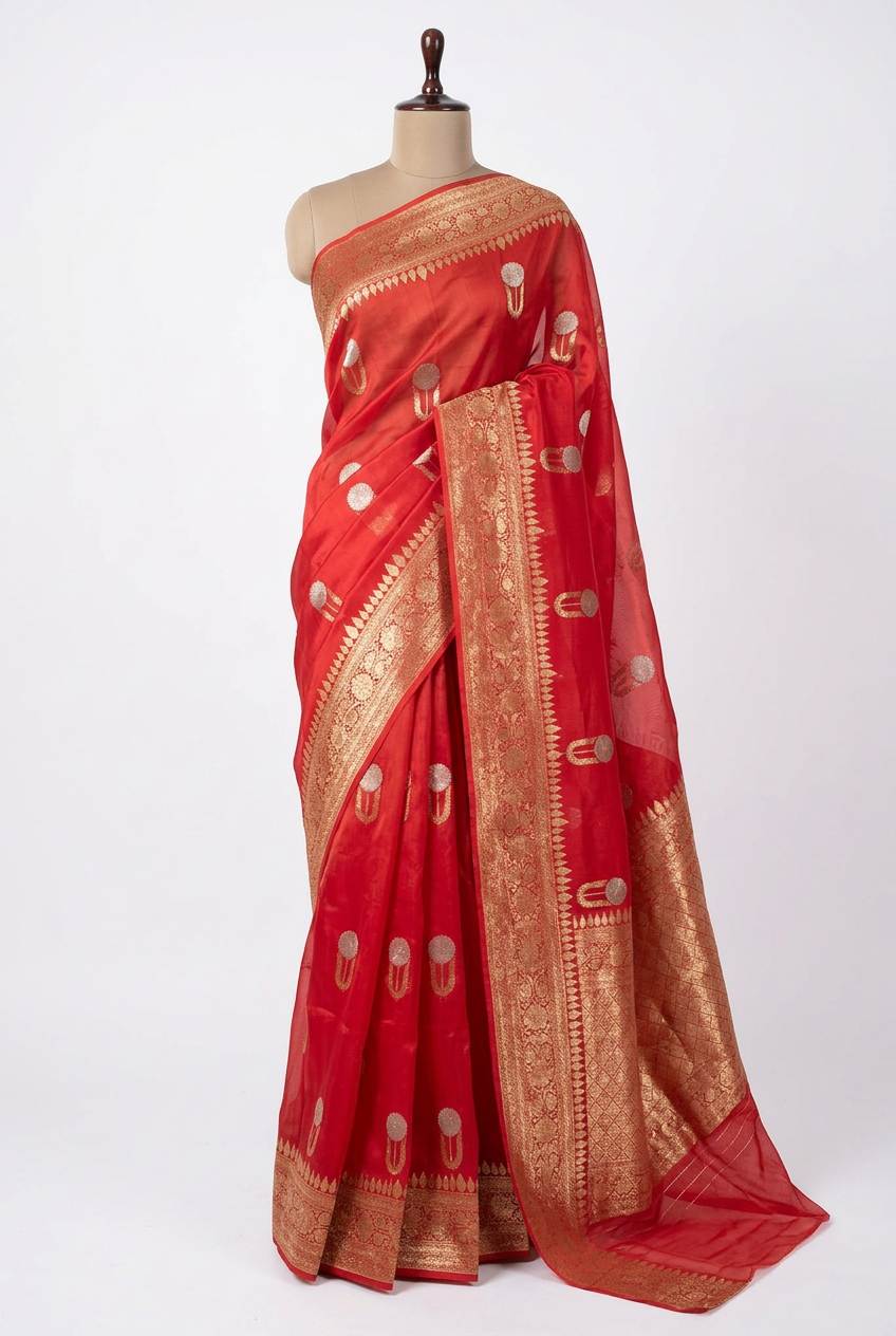 Bright Red Pure Kora Silk Handloom Banarasi Saree