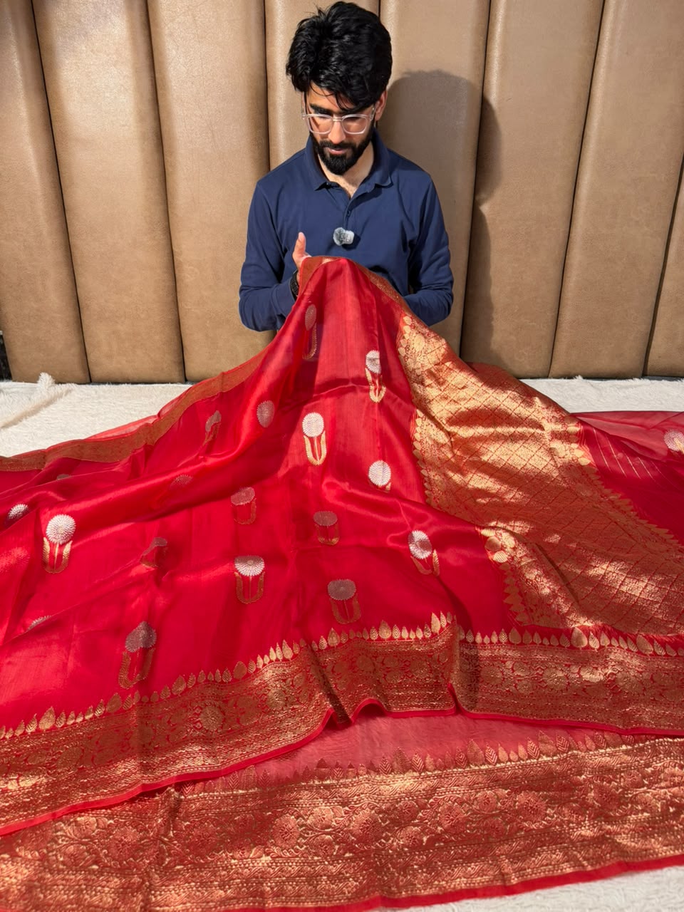 Bright Red Pure Kora Silk Handloom Banarasi Saree