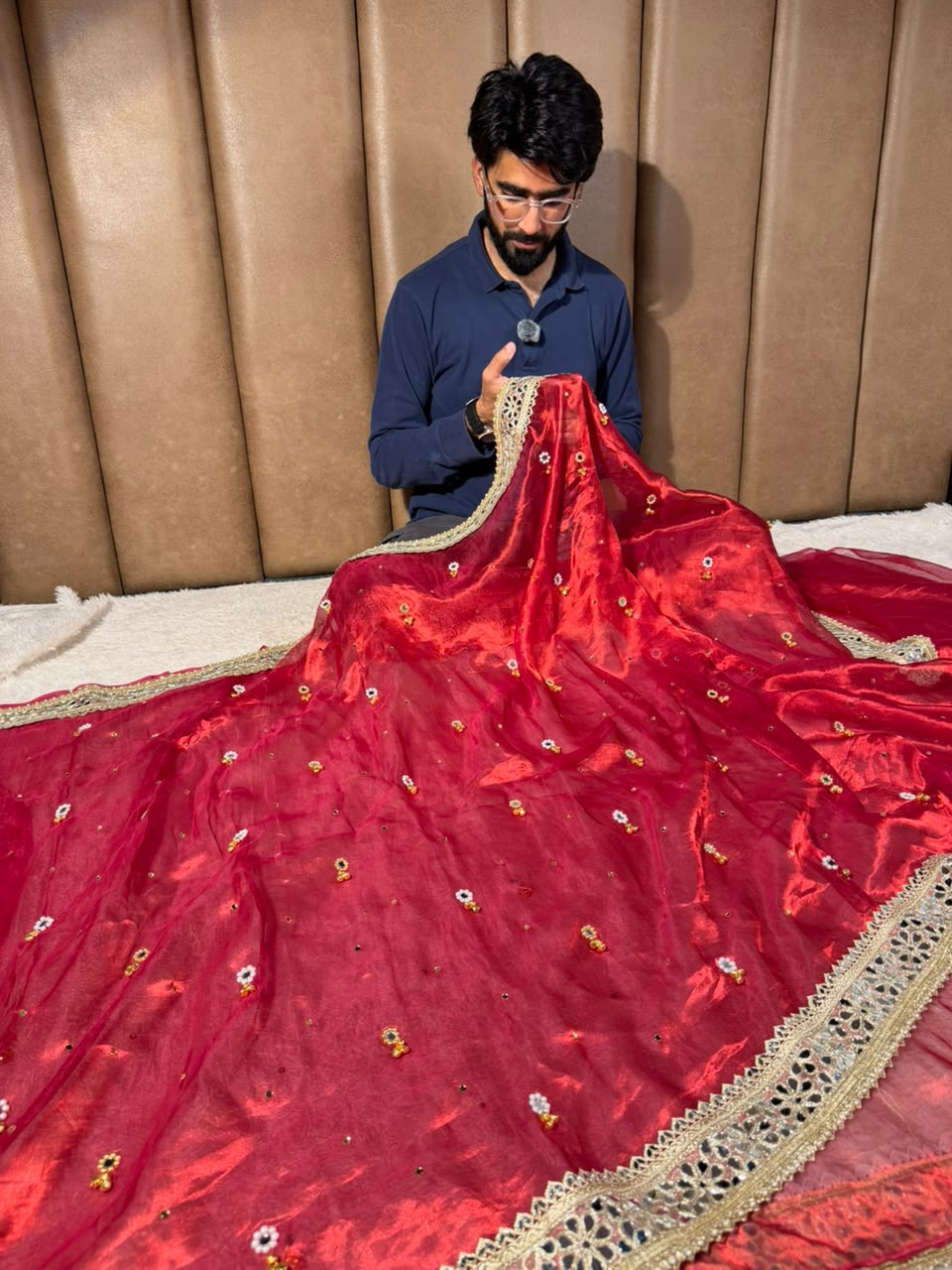 Carmine Red Pure Tissue Silk Ghungroo Mirror Work Saree