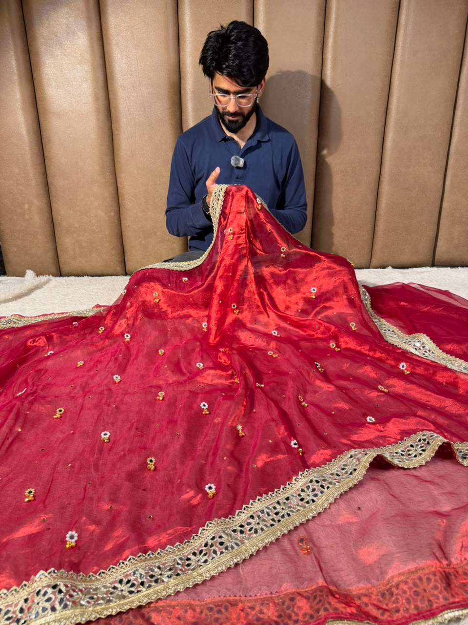 Carmine Red Pure Tissue Silk Ghungroo Mirror Work Saree
