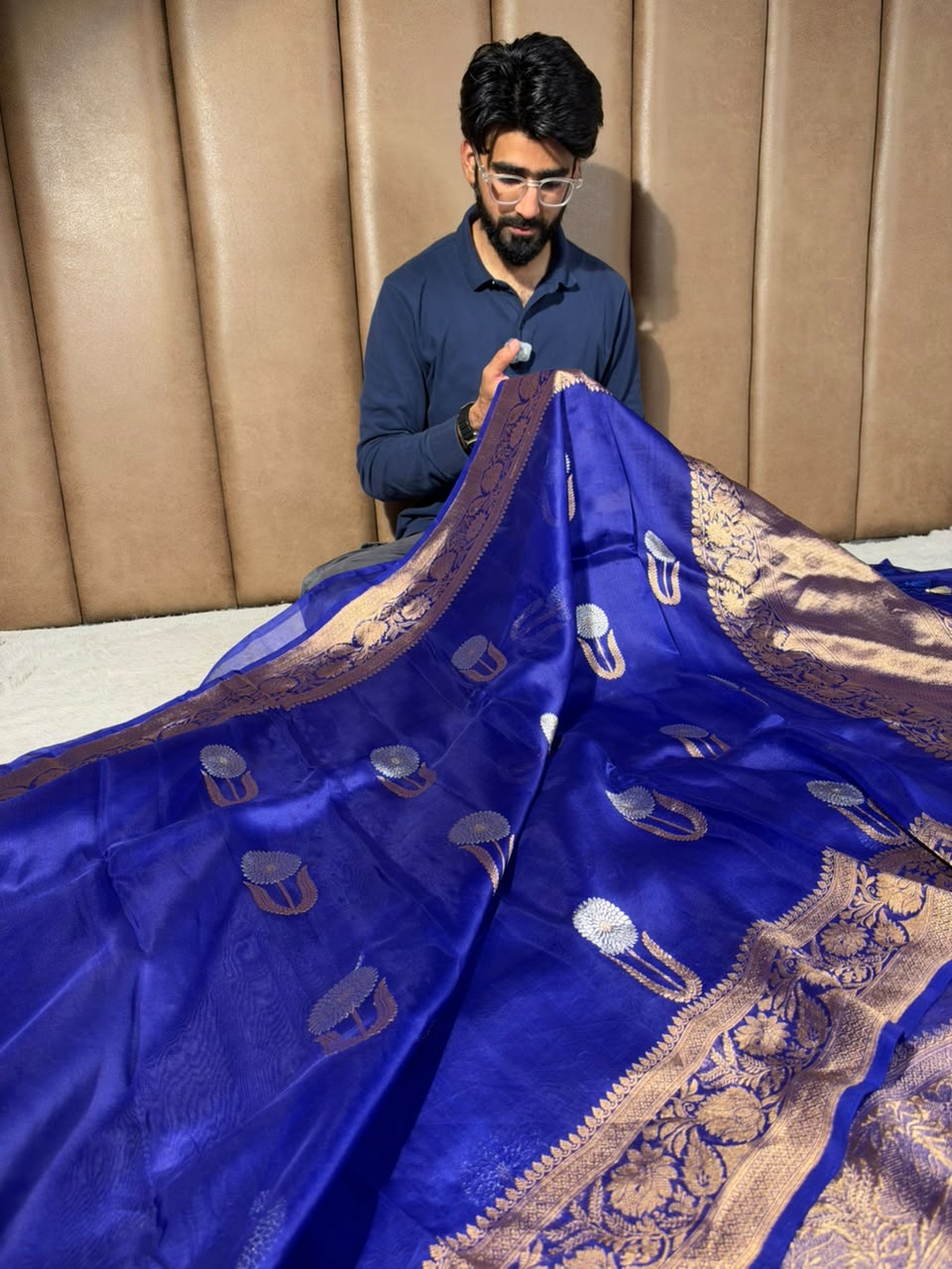 Royal Blue Pure Kora Silk Handloom Banarasi Saree