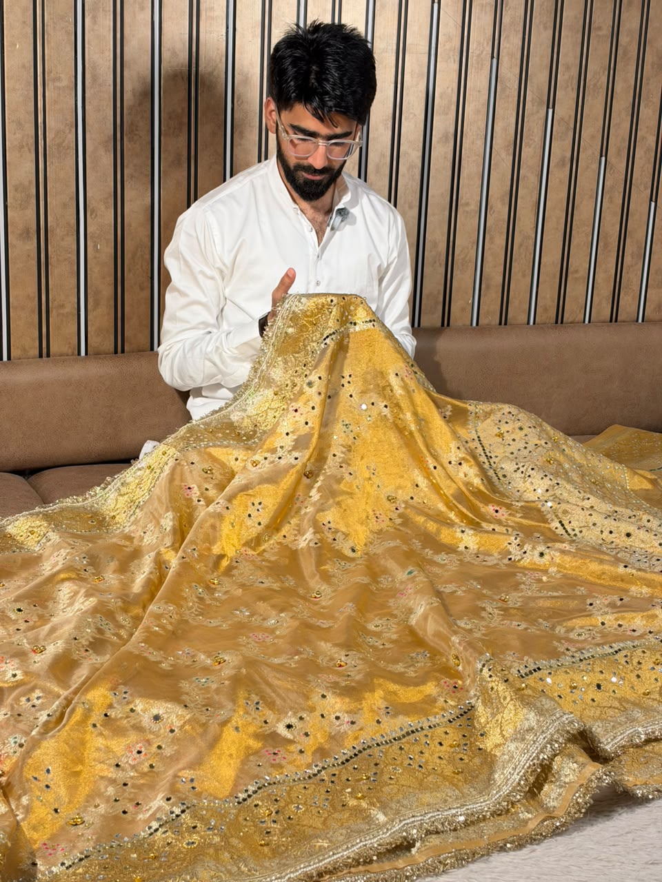 Copper Gold Tissue Silk Mirror Ghungroo Banarasi Saree