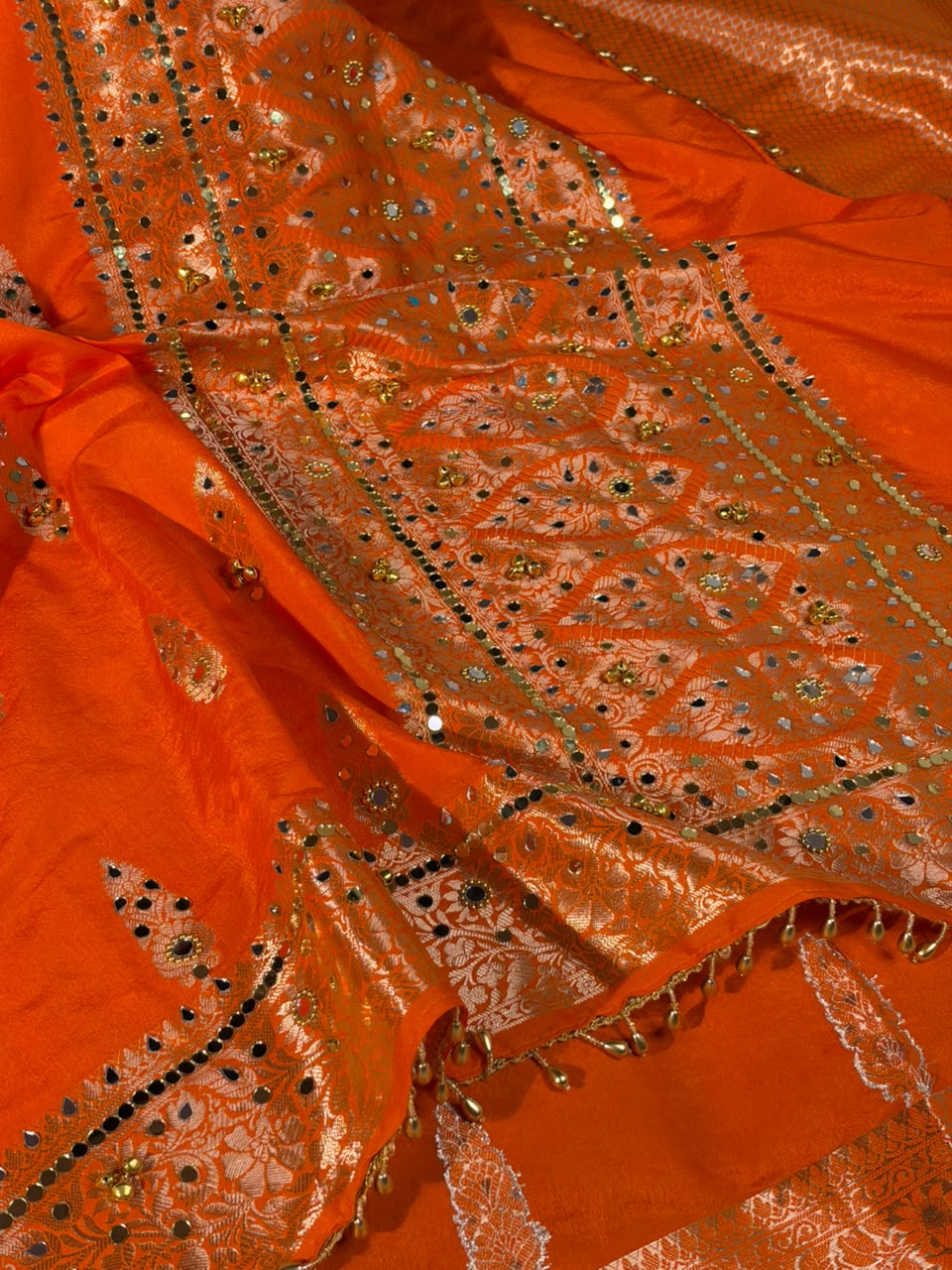 Bright Orange Chinia Silk Ghungroo Mirror Work Saree