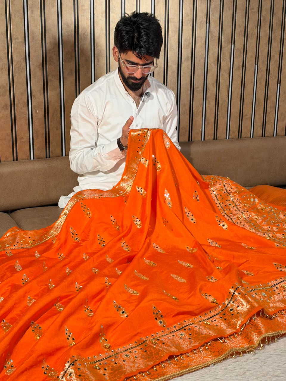 Bright Orange Chinia Silk Ghungroo Mirror Work Saree