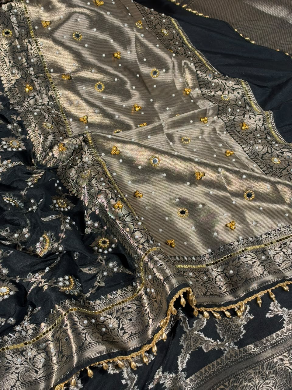 Jet Black Chinia Silk Ghungroo Mirror Work Saree