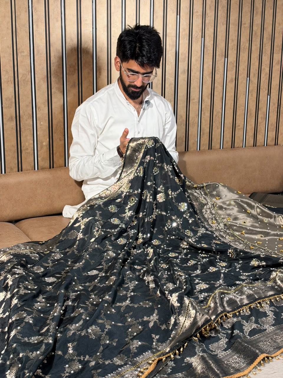 Jet Black Chinia Silk Ghungroo Mirror Work Saree