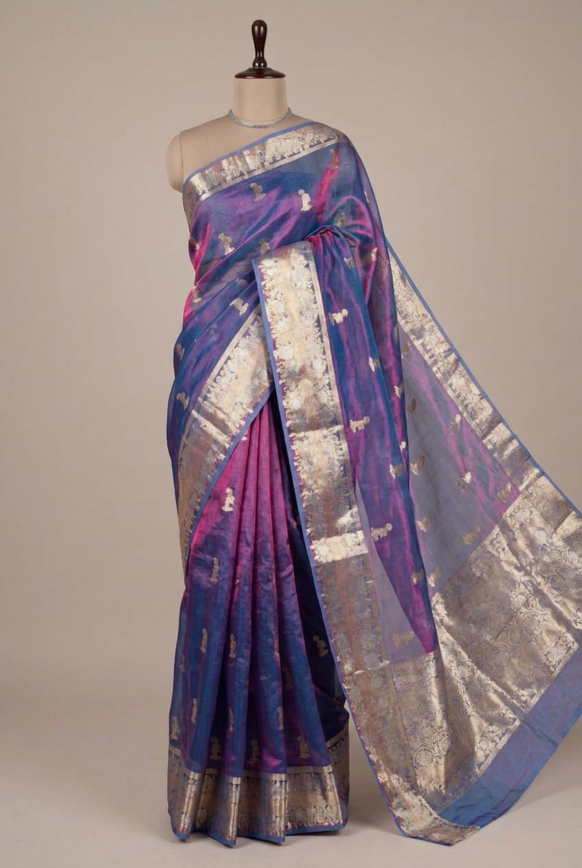 Dhoop Chaon German Blue Pure Tissue Silk Banarasi Saree