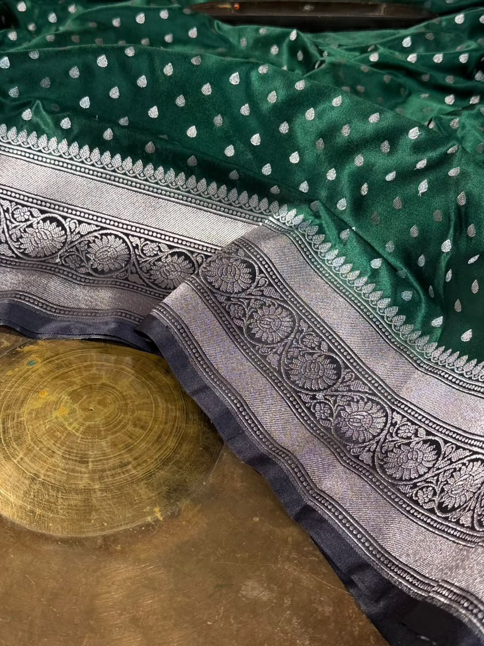 Bottle Green Mashru Katan Silk Buti Banarasi Saree