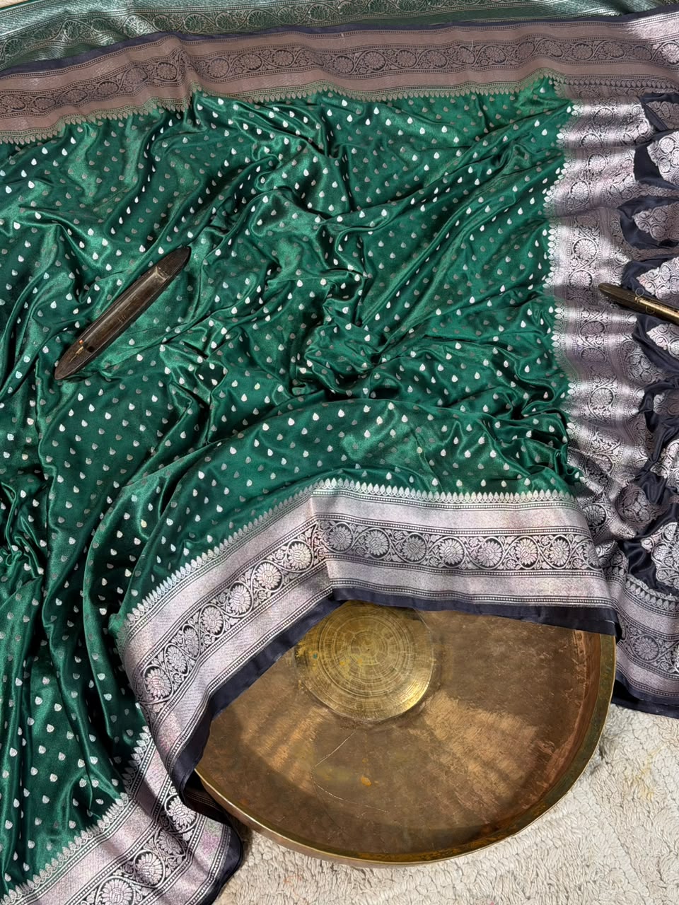 Bottle Green Mashru Katan Silk Buti Banarasi Saree