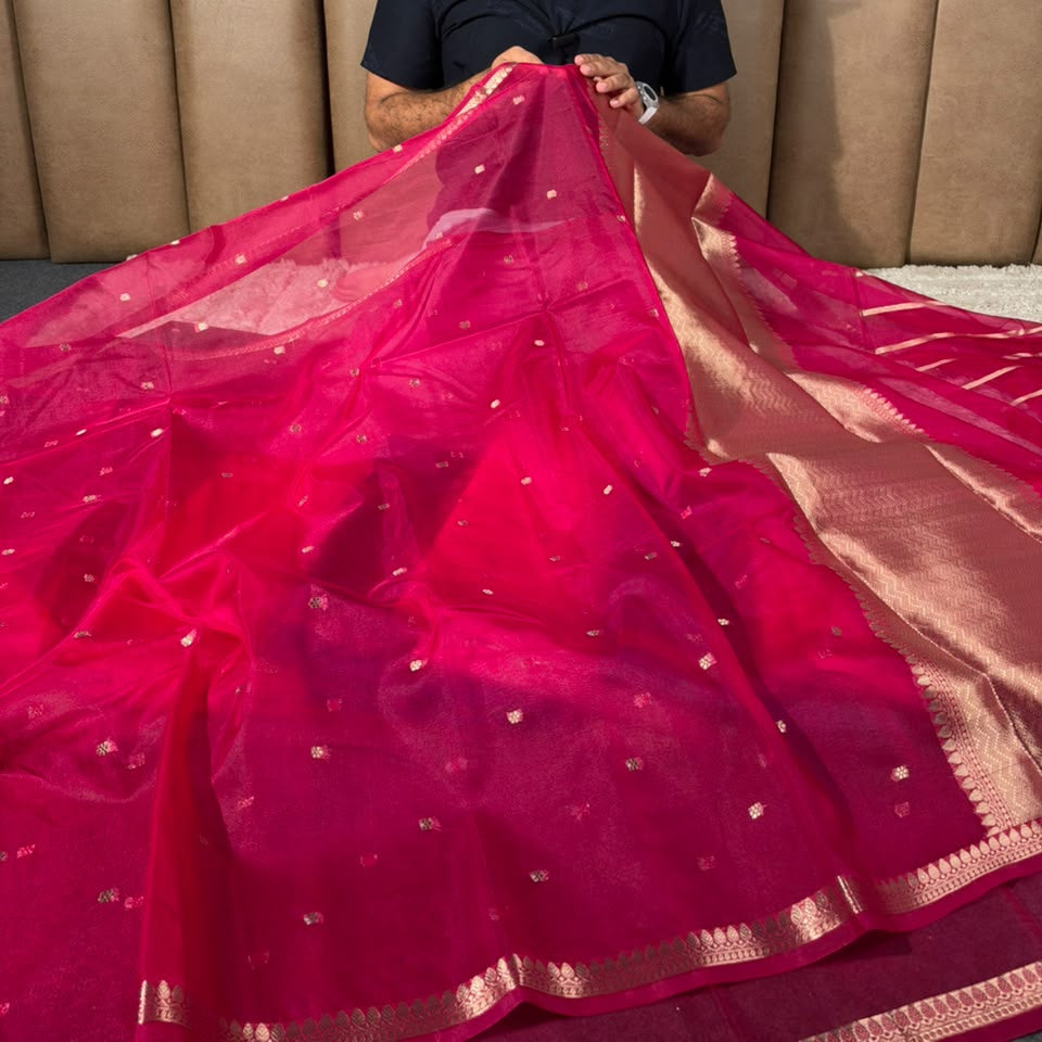 Rani Pink Kora Organza Banarasi Saree with Antique Gold Zari Border