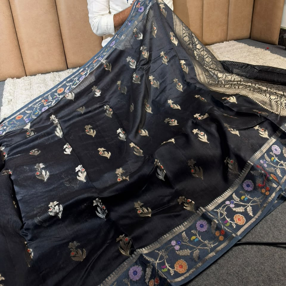 Jet Black Pure Munga Silk Heritage Banarasi Saree