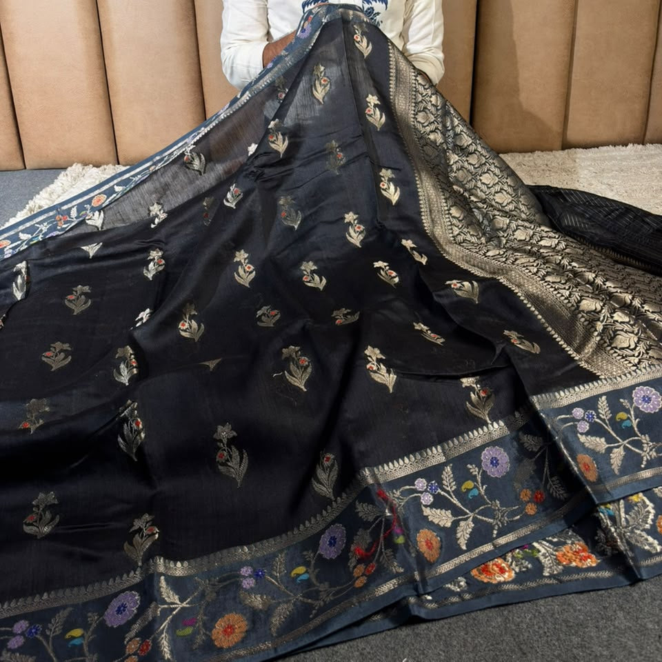 Jet Black Pure Munga Silk Heritage Banarasi Saree