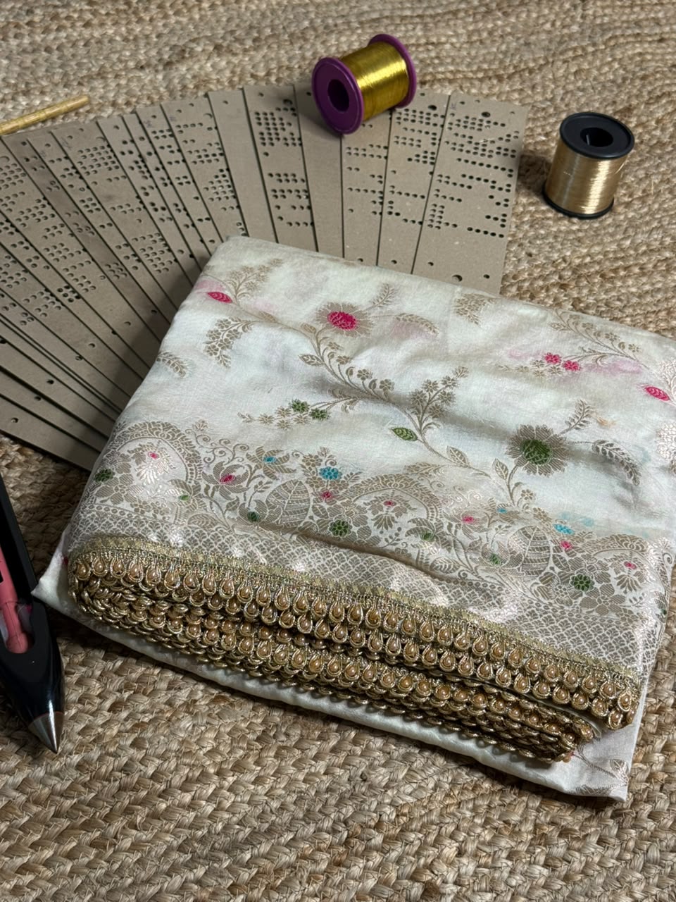 Off White Meenakari Dupion Silk Premium Designer Saree