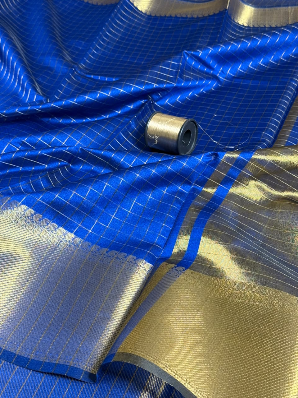 Royal blue checks weave cotton Banarasi saree