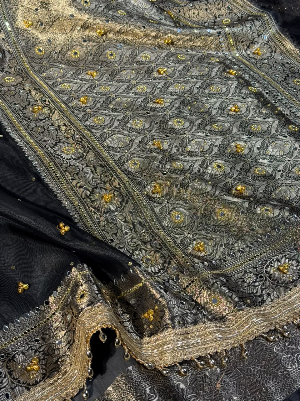 Metallic Black Kora Tissue Viral Ghungroo Saree