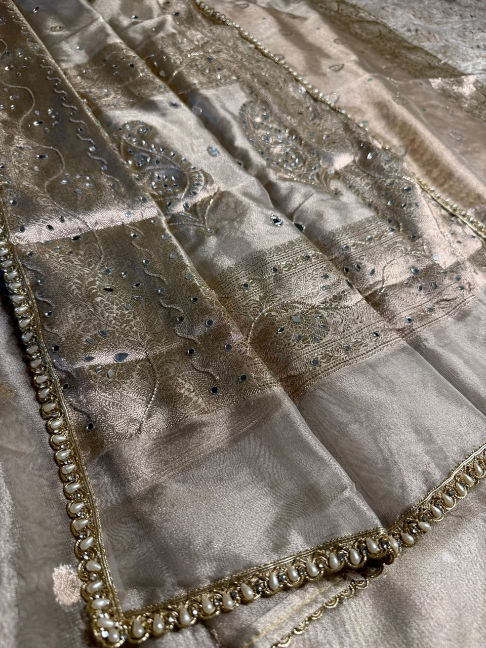 Majestic Mirror Work Kora Tissue Banarasi Saree