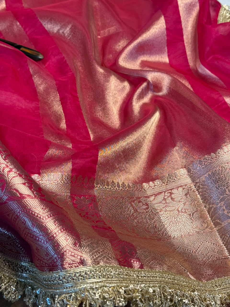 Rani Pink Kora Organza Silk Lace Work Banarasi Saree