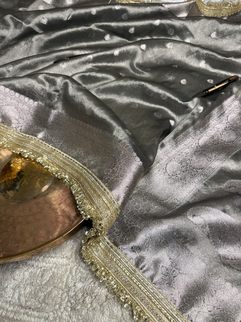 Rare Beige Tissue Silk Lace Attached Banarasi Saree