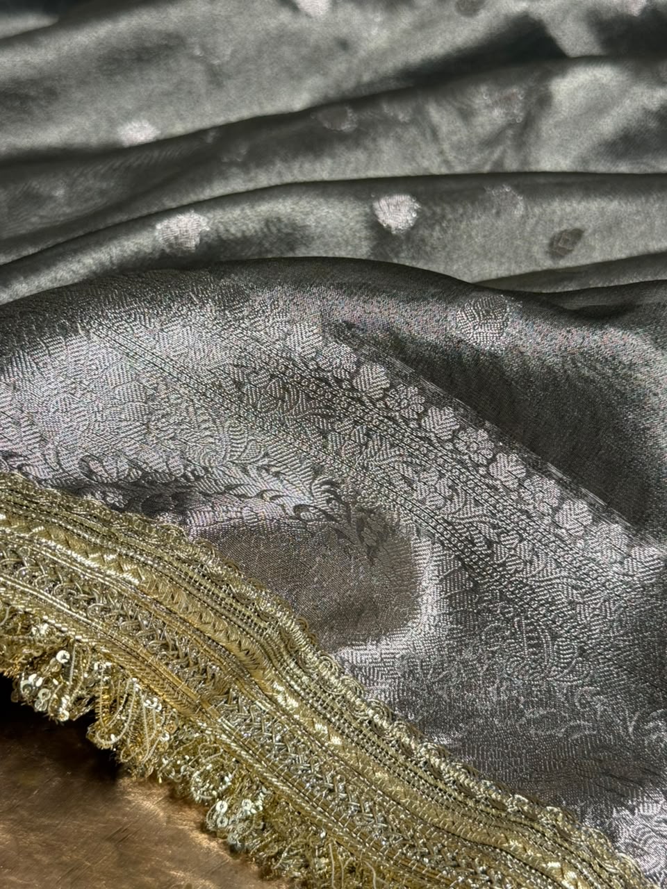 Rare Beige Tissue Silk Lace Attached Banarasi Saree