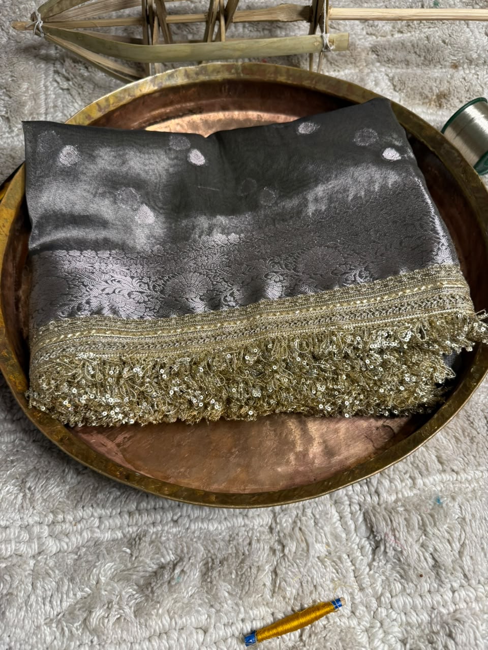 Rare Beige Tissue Silk Lace Attached Banarasi Saree