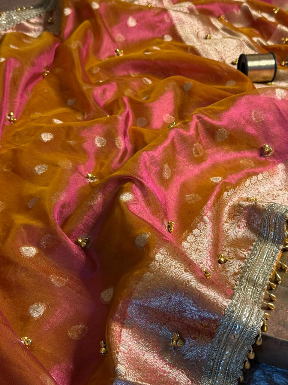 Rani Orange Dhoop Chaon Tissue Ghungroo Saree