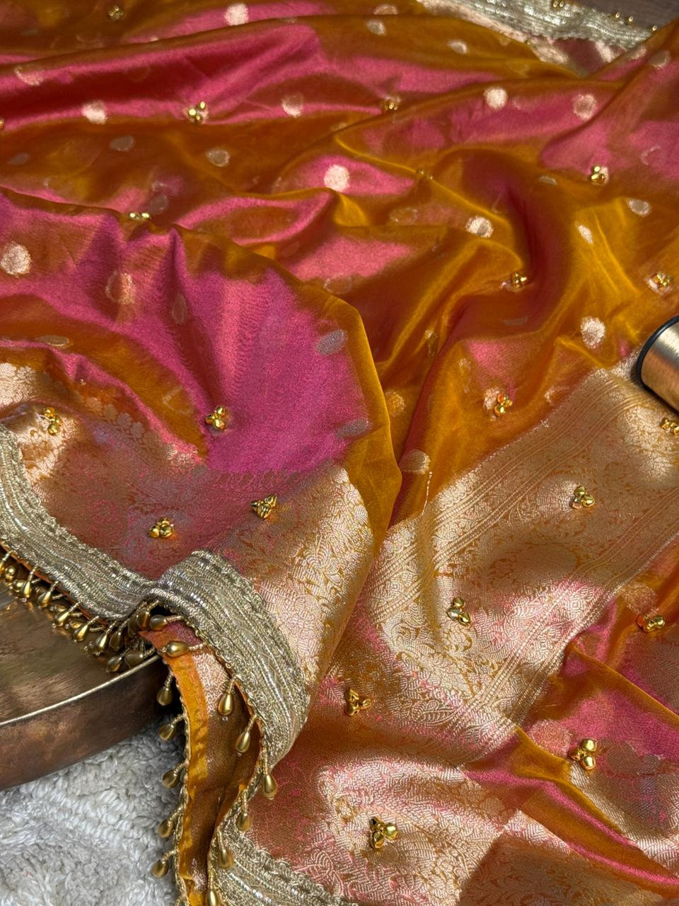 Rani Orange Dhoop Chaon Tissue Ghungroo Saree