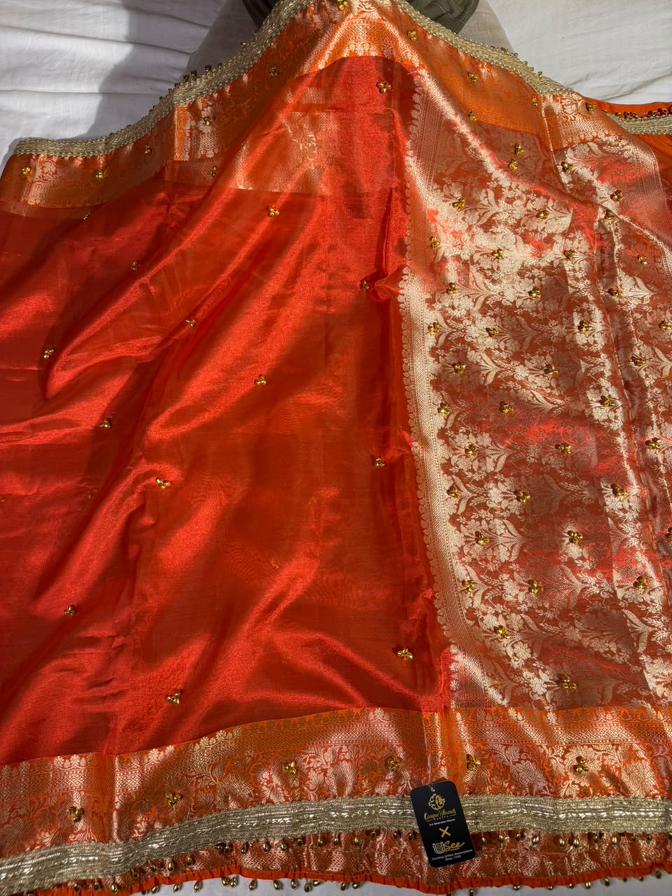 Dhoop Chaon Orange Viral Ghungroo Work Tissue Saree