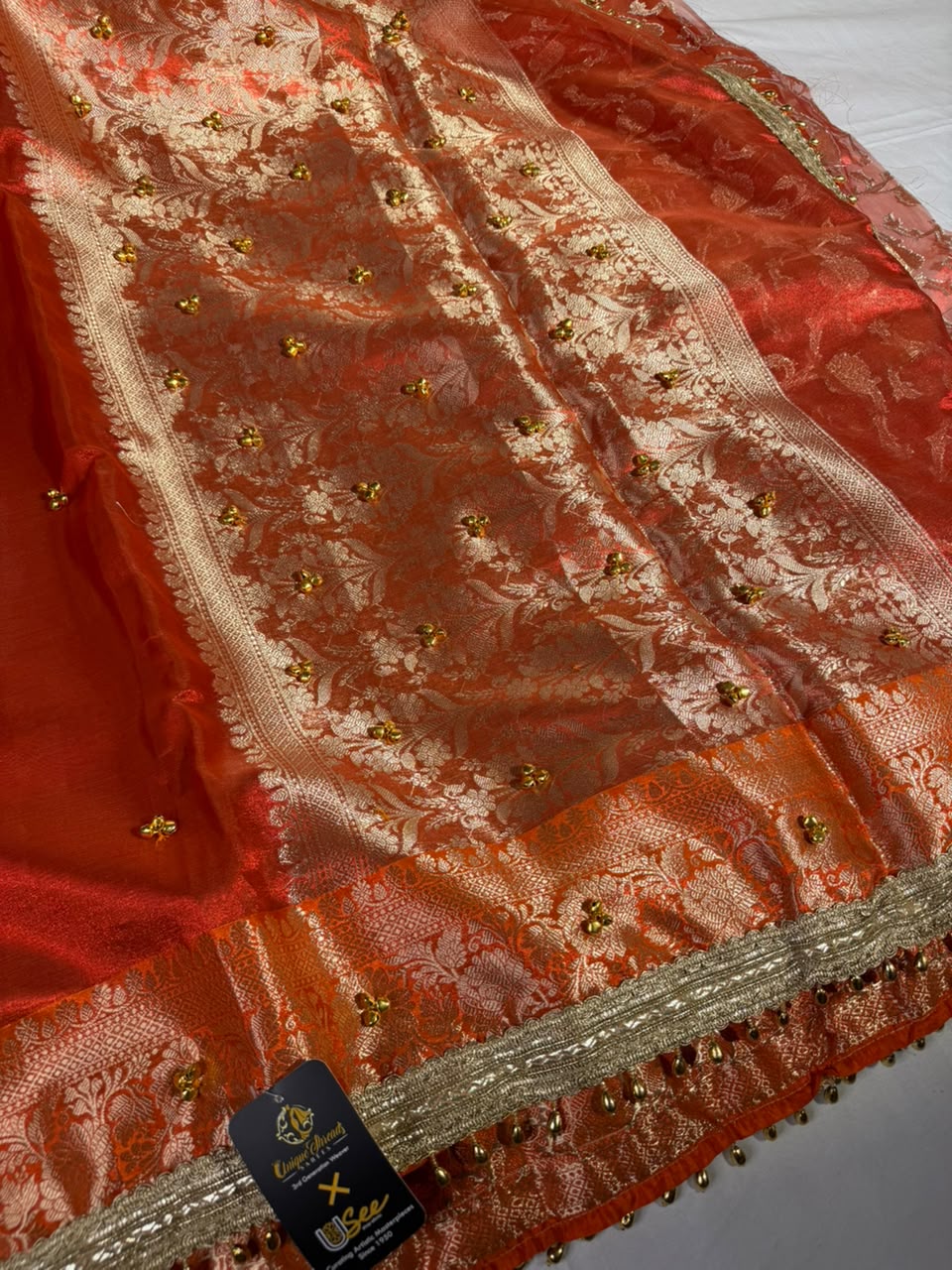 Dhoop Chaon Orange Viral Ghungroo Work Tissue Saree