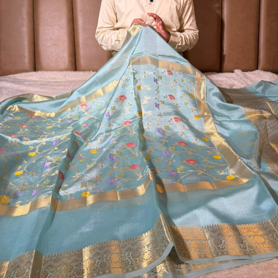 Sea Blue Contemporary Pure Mango Silk Banarasi Saree