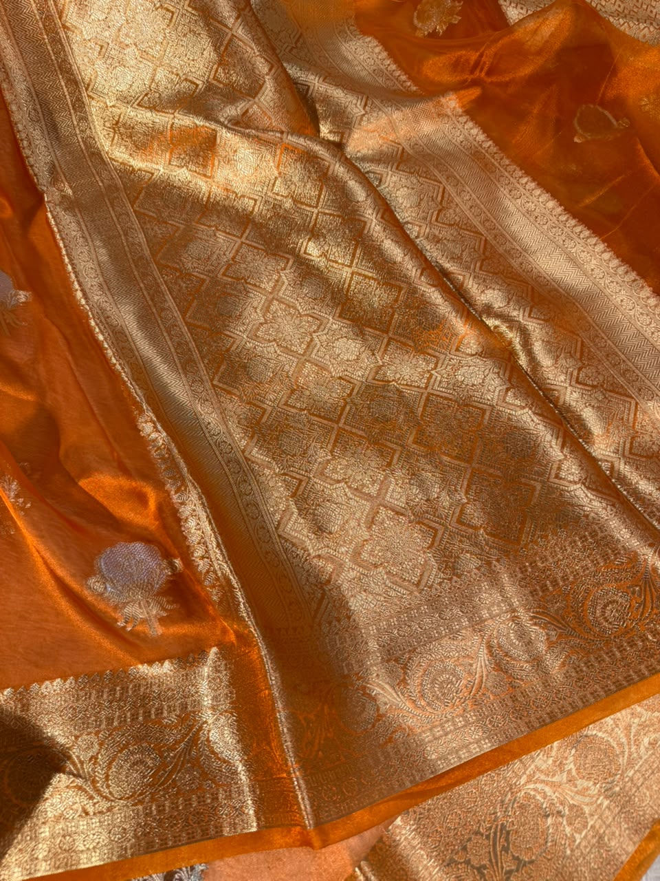 Metallic Orange Pure Tissue Silk Banarasi Saree