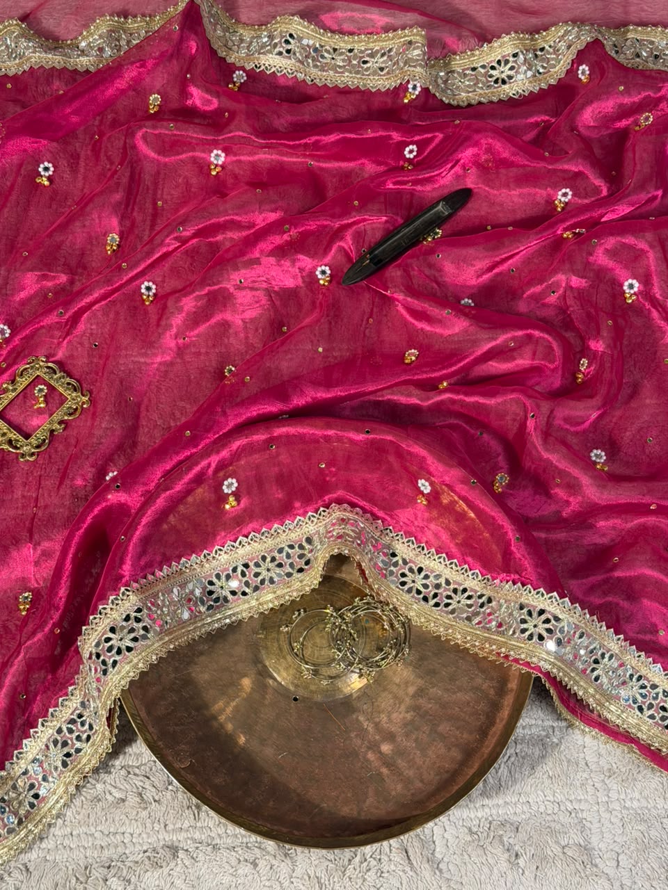 Rani Pink Pure Tissue Silk Ghungroo Mirror Work Saree