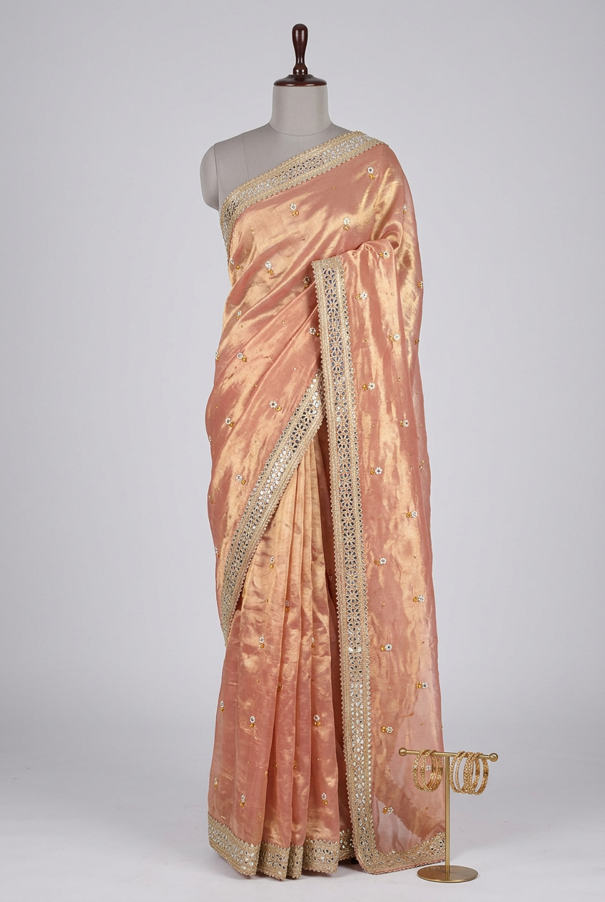 Metallic Peach Pure Tissue Silk Ghungroo Mirror Work Saree